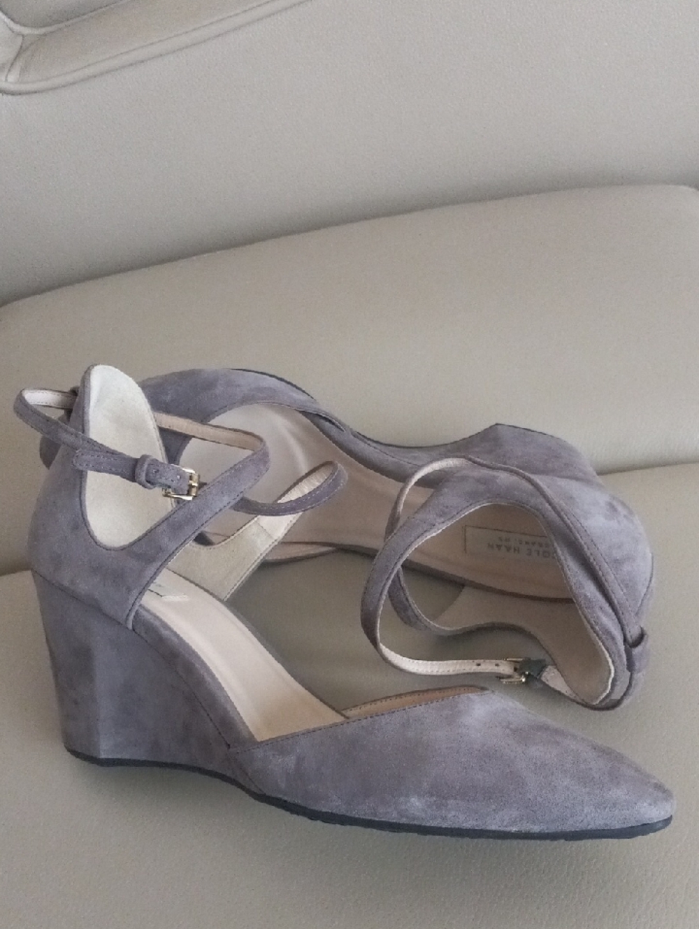 Cole Haan Gray Suede Architectural Wedge Heels with Buckled Ankle Strap Size 7.5 - Picture 11 of 16